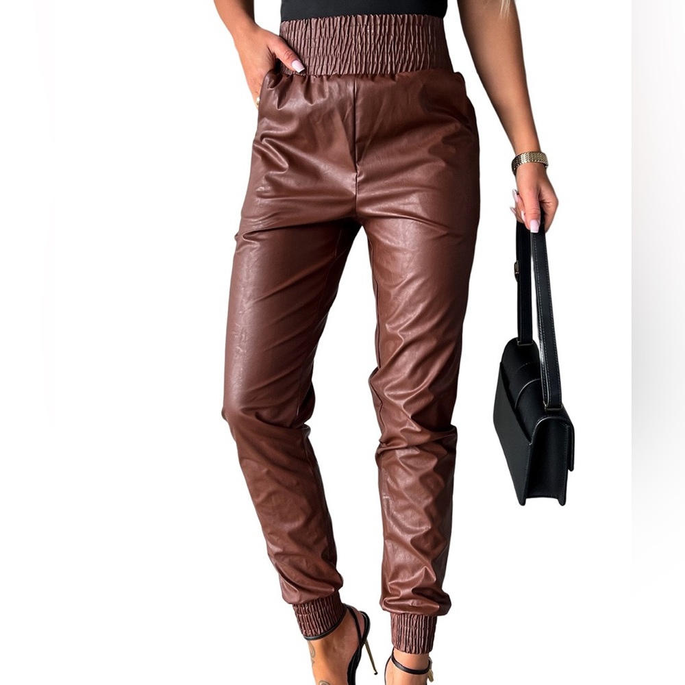 Brown Smocked High-Waisted Pants